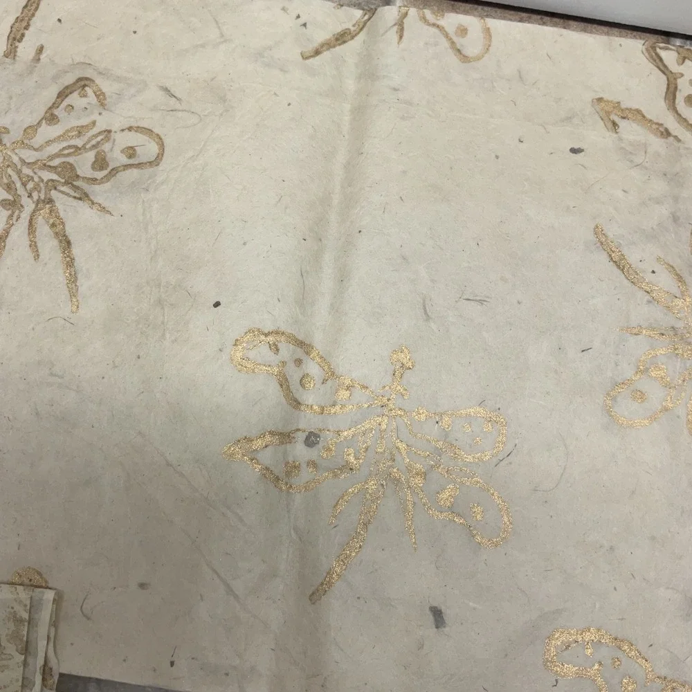 Nepali Handmade Lokta Paper Gold Block Print Elephant Dragonfly Floral 20x30
